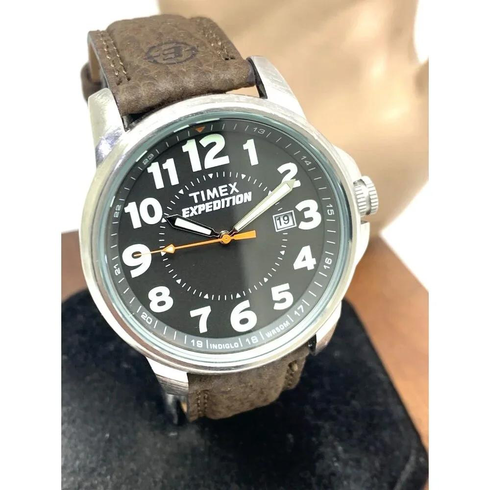 Timex Men's Watch T44921 Expedition Quartz Indiglo Black Dial Brown Leather 40mm